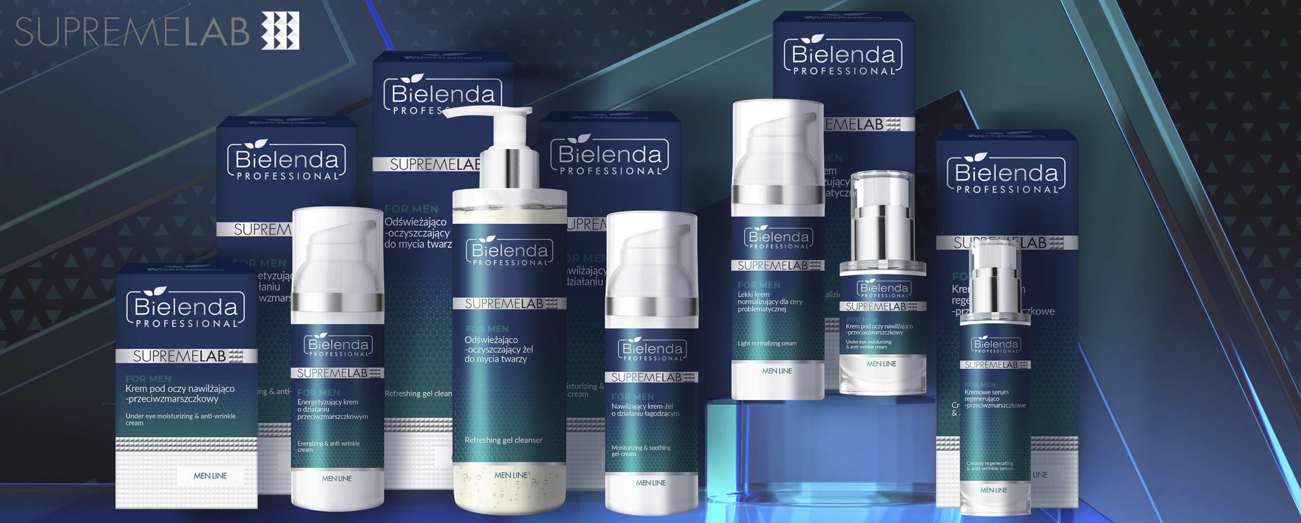 Bielenda men's skincare products, lined up against a blue and green abstract geometric background to show the full range. Products include a face wash, moisturisers and an eye cream in blue and dark green packaging.