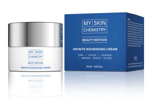 Product shot of Infinite Nourishing Cream from MY SKIN CHEMISTRY. A white jar with silver lid and blue writing sits next to a blue box, against a white background. The jar and box are reflected in the surface they sit on.